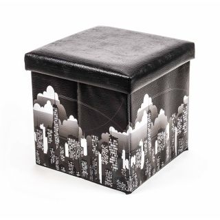 Polsterhocker, Kunstleder, Sitzhocker faltbar, mit Stauraum im Würfel, Maße 38 x 38 cm, Black-Skyline-Design