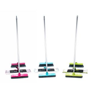 Bodenpflege-Set von Lifetime Clean mit Wischmopphalter, Wischmop, Besen, Schrubber und Metall-Stiel, 5-teilig, lieferbar in den Farben Pink, Grün oder Blau