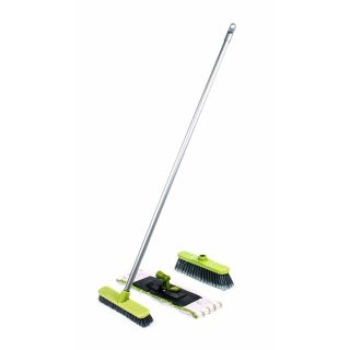Bodenpflege-Set von Lifetime Clean mit Wischmopphalter, Wischmop, Besen, Schrubber und Metall-Stiel, 5-teilig, Farbe Grün