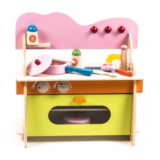 Kinderspielküche aus Holz von Marionette, Klapptür, Rost, Kochstelle, Waschbecken, Ofen, viel Zubehör, Größe ca. 36 x 16,5 x 36 cm