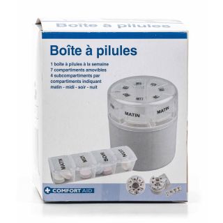 Medikamentendosierer / Pillenbox von Comfort Aid, 7 Tage einzeln entnehmbar, 4 Fächer, beschriftet, Französisch