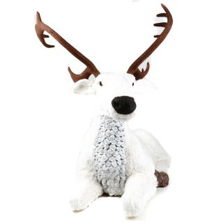 Liegendes Rentier mit weißem glitzerndem Kunstfell und Geweih, Weihnachtsdekoration, Länge Körper ca. 85 cm