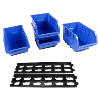 4 Stapelboxen mit Aufhängeschiene von Kinzo Storage, Kunststoff, ca. 15 x 25 cm pro Box, blau