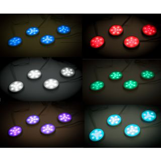 4 LED-Spotlichter Ø ca. 5,8 cm von Grundig, 20 Farben im Wechsel, 8 Dimmerstufen, 19 verschiedene Licht-Modi, mit 12V DC-Netzteil, extra langes Kabel, und Befestigungs-Pads