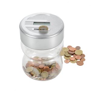 Spardose mit digitalem Zählwerk, erkennt und zählt Münzen von 1 Ct. bis 2 Euro, Reset-Knopf, Batteriebetrieb, Griffmulden, Kunststoff, Größe (HxØ) ca. 16,5 x 11,5 cm