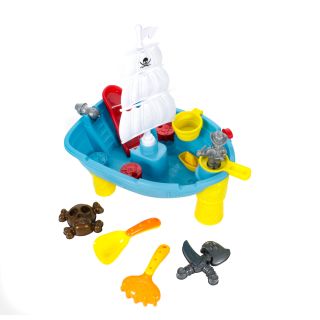 Sandspielzeug und Wasserspielzeug Set Piratenschiff, 19 Teile mit Schaufel, Harke, 3 Sandförmchen, Pirat im Ausguck, Beine abnehmbar, schwimmt, Kunststoff