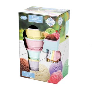 9-teiliges Eiscreme-Set mit 4 Eisbechern, 4 Eislöffeln und Eisportionierer im Eisdielen-Retro-Design, Löffel+Portionierer in Eistütenform, Kunststoff, Pastellfarben