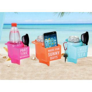 Strand Becherhalter, Multifunktionsbecher für Getränke, Sonnenbrille, mit extra Handy-Fach und Aufhänger für Schlüssel, Strand-Gadget mit Erdspieß