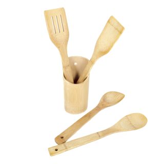 Küchenutensilien-Set 5-teilig aus Bambus, Küchenutensilienhalter, Kochlöffel, Teigschaber, Pfannenwender und Rührkelle, Küchenhelfer zum Aufhängen oder hinstellen