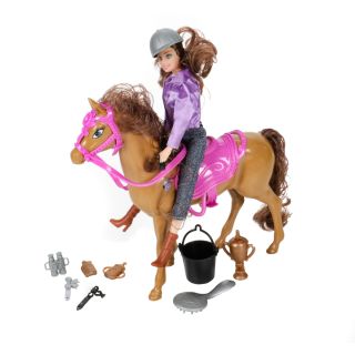 Modische Reiter-Puppe mit langen Haaren, Pferd mit Mähne und Schweif, 19 Teile inkl. Zaumzeug mit Reiterkappe, Gerte, Bürste, Pokal, Trinkeimer, Siegesschleifen