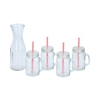 Wasserkaraffe und 4 Trinkbecher aus Glas, Gläser mit Schraubdeckel inkl. Trinkhalm, Karaffe für Kaltgetränke, Wein, Bowle etc., Volumen ca. 1 Liter