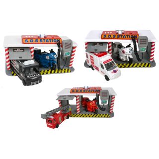 Spielzeug SOS-Station, Polizei-, Feuerwehr- oder Rettungsstation, je mit Transporter und Motorrad, Licht und 3 Ton-Funktionen, Sprechfunk-Mikro