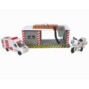 Spielzeug SOS-Station, mit Rettungswagen und Motorrad, Licht und 3 Ton-Funktionen, Sprechfunk-Mikro, Batteriebetrieb