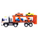 Spielzeug Autotransporter mit 4 PKWs mit Friktionsantrieb, manuell absenkbaren Ladeflächen, Licht und 4 Ton-Funktionen, Batteriebetrieb, 1:16