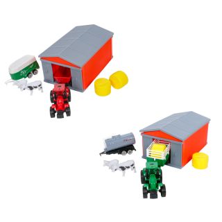 Kinderspielzeug Traktor, Trecker rot mit Anhänger und Pferdetransporter oder grün mit Anhänger und Güllewagen, Stall mit 4 Schiebetüren, Kuh, Schaf, 2 Strohballen