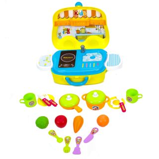 Kinder Spielzeug Koffer mit Tragegriff und viel Zubehör, Küchenspielzeug mit Herd und Waschbecken