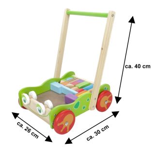 Lauflernwagen aus Holz mit Bausteinen, 23 Teile, Babylaufhilfe mit 4 Rädern, Handgriff und 22 bunten Holz-Bauklötzen