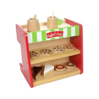 Holzspielzeug 2 in 1 Kaufladen und Kaffeemaschine, Kaffeevollautomat mit Drehschalter, Torten, Kuchen, Becher und Kanne mit Rührstab