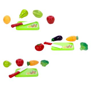 10 teiliges Lebensmittel Küchenspielzeug, Gemüse oder Obst-Hälften verbunden mit Klettband zum Zerteilen mit Messer und Schneidebrett