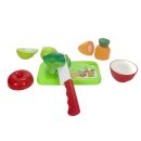 10 teiliges Lebensmittel Küchenspielzeug, 2x Obst, 2x Gemüse verbunden mit Klettband zum Zerteilen mit Messer und Schneidebrett