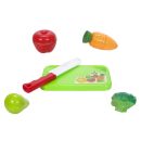 10 teiliges Lebensmittel Küchenspielzeug, 2x Obst, 2x Gemüse verbunden mit Klettband zum Zerteilen mit Messer und Schneidebrett