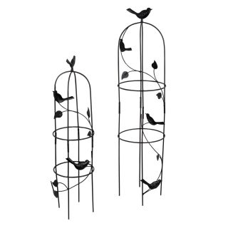 2 Pflanzenständer Rankhilfe für Kletterpflanzen, Kletterhilfe für Pflanzen mit Deko Vögeln und Blättern, Metall, schwarz, Höhe ca. 71 cm / 88 cm