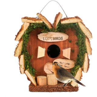 Vogel Nistkasten zum aufhängen aus Holz, dekoratives Vogelhäuschen, Nistplatz in Herzform mit Metallring zum Aufhängen, Größe (HxBxT) ca. 16 x 16 x 14 cm