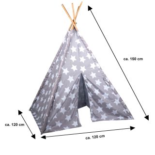 Tipi-Zelt für Mädchen und Jungen, Indianer-Zelt fürs Kinderzimmer, Spielecken, für kleine Wild-West-Fans, leichter Aufbau, Holz, Polyester, ca. 120 x 120 x 150 cm, grau