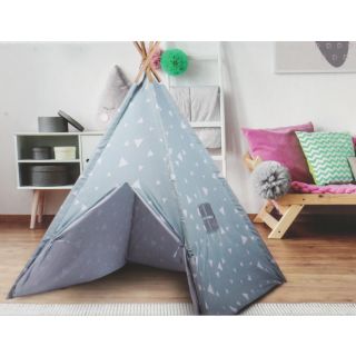 Tipi-Zelt für Mädchen und Jungen, Indianer-Zelt fürs Kinderzimmer, Spielecken, für kleine Wild-West-Fans, leichter Aufbau, Holz, Polyester, ca. 120 x 120 x 150 cm, blau (Muster Dreieck)