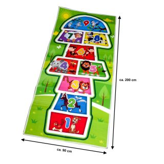 Kinder Hüpfkästchen Spielmatte für 1-4 Kinder mit 4 Spielscheiben, Hüpfspiel-Matte für Indoor & Outdoor, ca. 200 x 90 x 0,2 cm