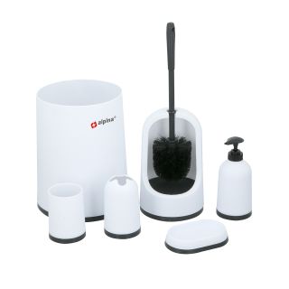 6-teiliges Badezimmer-Set in weiß mit Zahnputzbecher, Zahnbürstenhalter, Seifenspender, Seifenschale, Toilettenbürste mit Halter und Abfallbehälter, Kunststoff, weiß