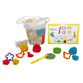 Knete-Set 15 Teile, 2 x 5 leuchtenden Farben mit 4 Ausstechformen und Modelliermesser aus Kunststoff, Eimer mit Tragegriff, Spielknete, Knetmasse