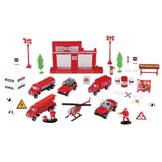 Auto-Spielset 31 Teile, Feuerwehr Station, Löschfahrzeuge, Hubschrauber etc., Spielzeug-Set aus Metall und Kunststoff