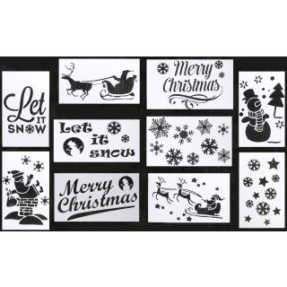 Weihnachtsschablonen, 10 verschiedene Weihnachtsmotive zum Aufsprühen oder Ausmalen auf Papier und abwaschbaren Flächen wie Fenster, Glastüren etc.