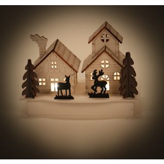 Beleuchtete Winterhäuser mit 2 LEDs warmweiß, Holzhäuser als Weihnachtsdekoration und zum Bemalen für Fensterbank, Winter-Szene mit Tannen, Reh und Hirsch