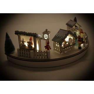 Beleuchteter Weihnachtsmarkt mit 8 LEDs, winterliche Marktstände mit 6 Figuren aus Holz, 3 Tannen, Weihnachtsdekoration für Fensterbank, Bord oder vorm Weihnachtsbaum