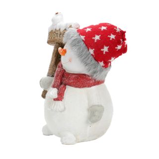 Weihnachtsfigur glitzernder Schneemann mit Kunsthaaren und echter Strickmütze, Indoor freistehende weihnachtliche Dekofigur, ca. 37.5 cm groß