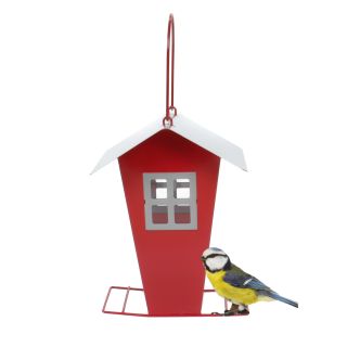 Vogelfutterhaus, Metall Futtersilo mit Sichtfenster zum Stellen oder Hängen, abnehmbares Dach zum Befüllen, Anflugstreben, Metallschlaufe, rot