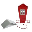 Vogelfutterhaus, Metall Futtersilo mit Sichtfenster zum Stellen oder Hängen, abnehmbares Dach zum Befüllen, Anflugstreben, Metallschlaufe, rot