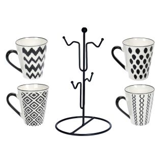 4 Keramik-Becher mit Halter Baum für Kaffee, Tee, Cappuccino, dekorative Kaffeebecher mit Henkel, spülmaschinenfest,  je Tasse 250 ml
