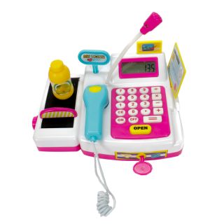 Spielzeug- Registrierkasse für Kinder mit Licht- und Tonfunktion, Spielzeugkasse mit Mikro, Rechner, Kassenschlüssel, Spielgeld, Scheckkarte, Einkaufskorb, Waren