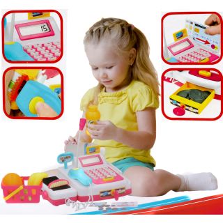 Spielzeug- Registrierkasse für Kinder mit Licht- und Tonfunktion, Spielzeugkasse mit Mikro, Rechner, Kassenschlüssel, Spielgeld, Scheckkarte, Einkaufskorb, Waren