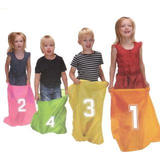 Sackhüpfen, 4 Hüpfsäcke in leuchtenden Farben mit Start-Nummer, 2 Bänder für Start- und Ziellinie, Größe pro Sack (HxB) ca. 69 x 46 cm