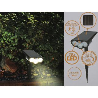 Solarlampe mit Bewegungssensor, Dämmerungsautomatik, Bodenstecker für den Garten oder die Hauswand, 39 warm-weiße LEDs, An /Aus-Schalter, 2 Leucht-Modi, ca. 6 Std. Leuchtdauer, schwarz