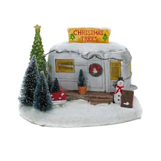 LED-Weihnachtsstadt, verschneiter Camper mit Weihnachtsbaum-Verkauf, beleuchtet von 10 LEDs, multicolor, winterliche Weihnachtsszene, An-/Aus-Schalter, Indoor, Batteriebetrieb