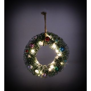Weihnachtskranz mit bunten Kugeln und Micro-Lichterkette, 20 LEDs warmweiß leuchtend, künstliche Tanne mit silbernem Glitzer