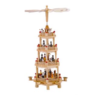 Weihnachtspyramide aus Holz, 4-stöckig, handbemalt, dreht sich durch Kerzenwärme, passend für 6 Kerzen, mit vielen Figuren, Tieren, Deko, 12 Flügel, Weihnachtsdeko aus Holz