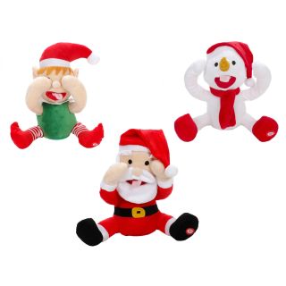Lustige Weihnachtsfigur mit Bewegung und Ton, spielt auf Knopfdruck Jingle Bells, Figur mit rausgestreckter Wackelzunge, während die Hände vor die Augen und zurück gehen