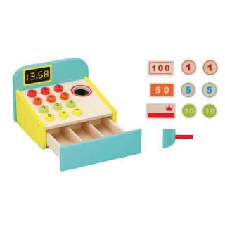 Spielzeugkasse mit Schublade, 6 Münzen, 2 Scheine, 1 Karte, Scanner, Holzspielzeug FSC-zertifiziert