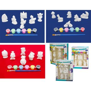 Gips-Figuren zum Bemalen mit Farbe und Pinsel, 13 Teile-Kreativ-Set für Kinder, 6x Gips-Motive plus 6x Acrylfarben